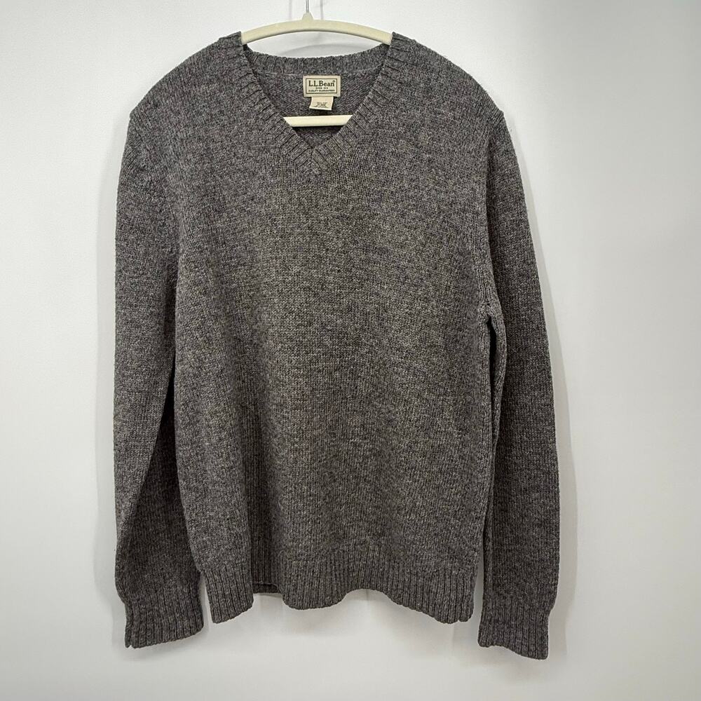 L.L.Bean 100% Shetland Wool V-Neck Sweater M Regular Gray Marl Grandpa Preppy